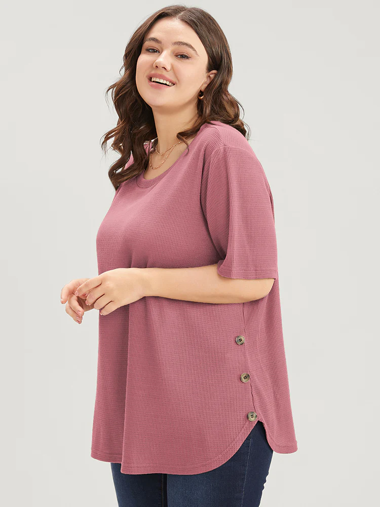 Plain Round Neck Button Detail Waffle Knit Tee - Image 4