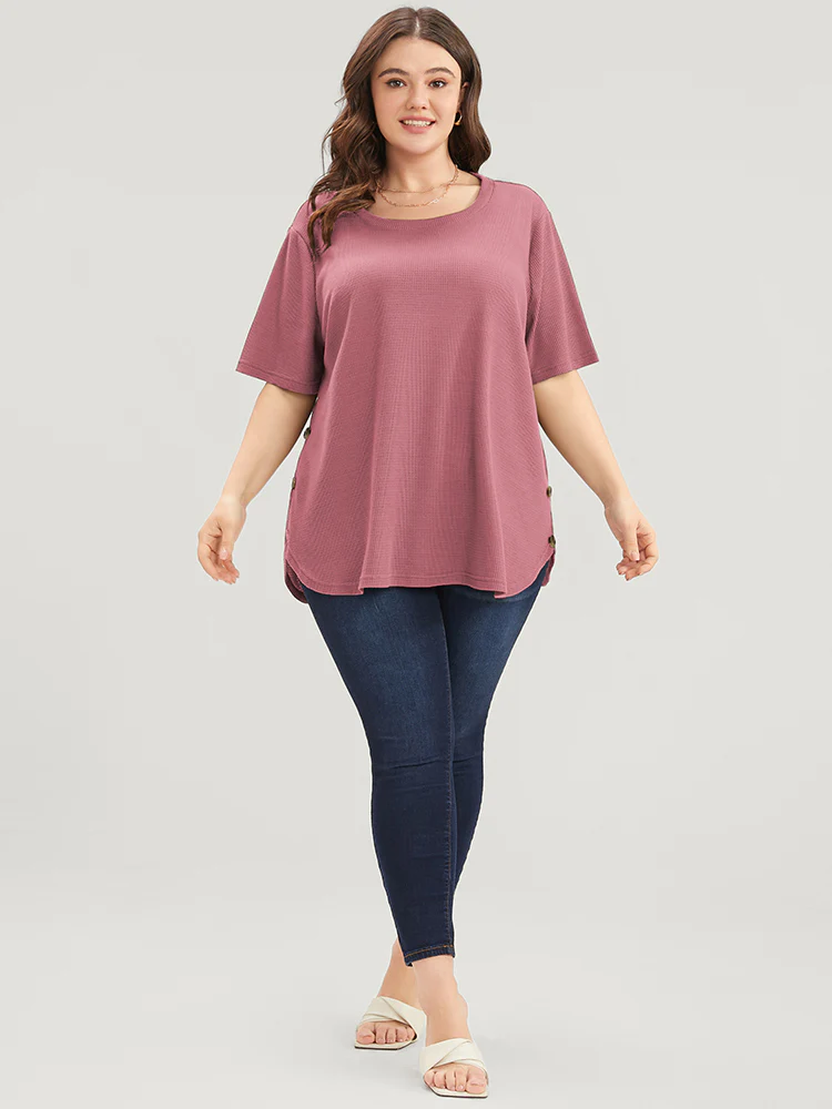Plain Round Neck Button Detail Waffle Knit Tee - Image 5