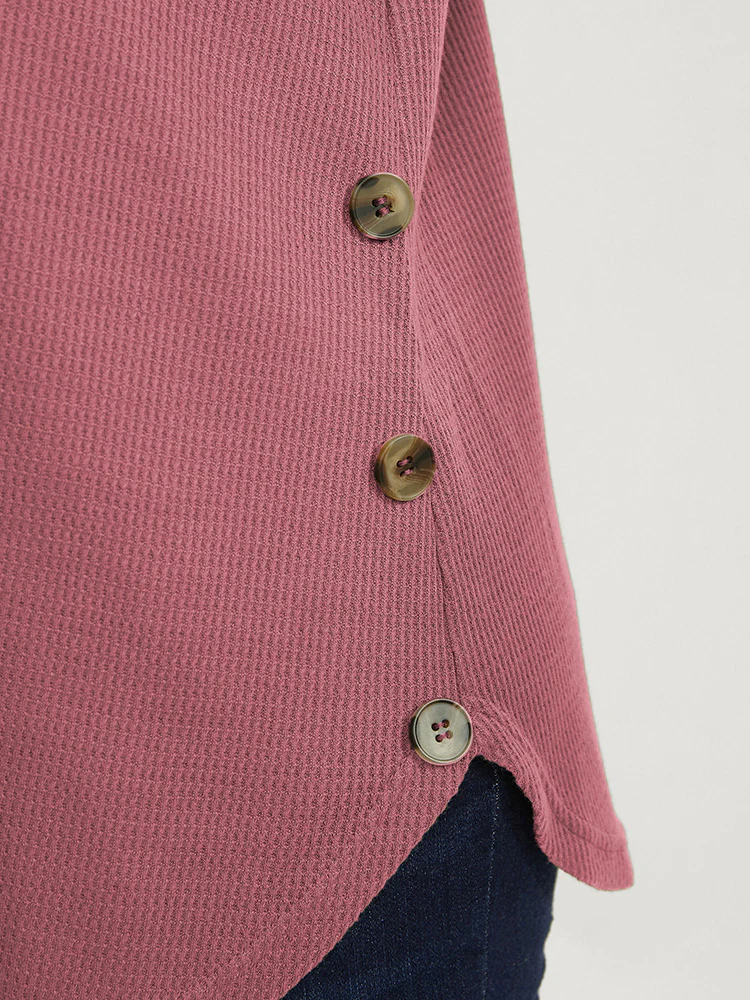 Plain Round Neck Button Detail Waffle Knit Tee - Image 6