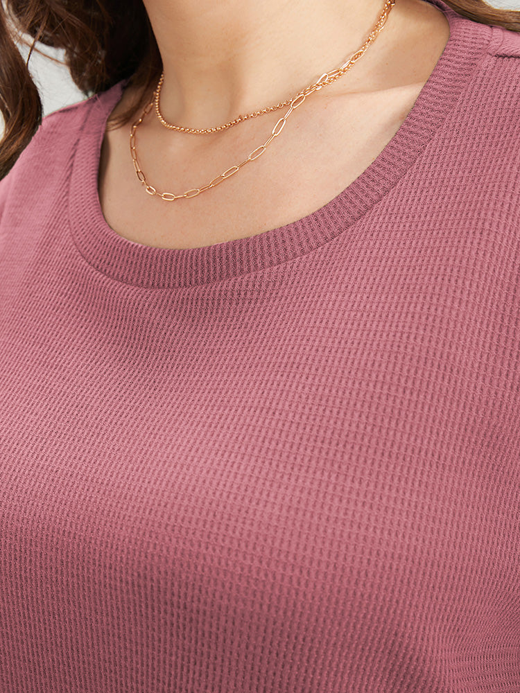 Plain Round Neck Button Detail Waffle Knit Tee - Image 7