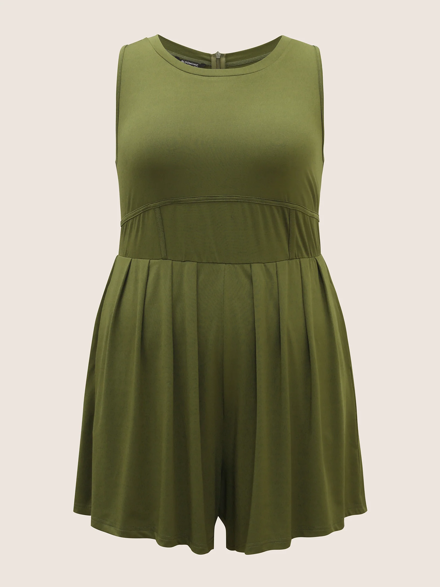 Plain Round Neck Cinching Waist Romper - Image 7