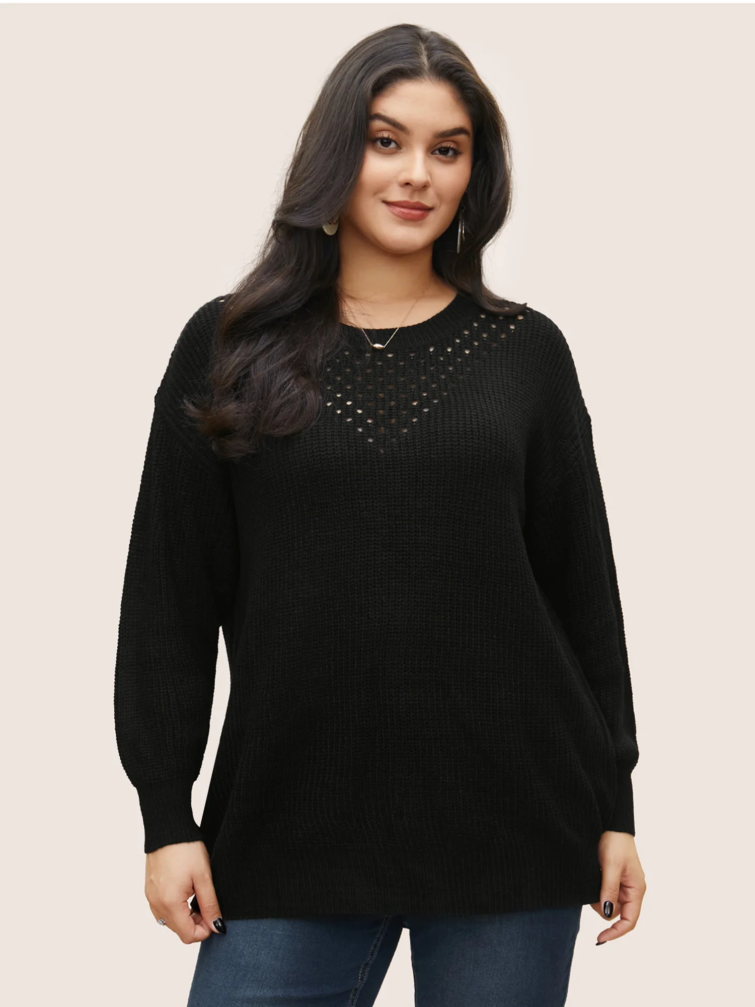 Plain Round Neck Hollow Out Drop Shoulder Pullover