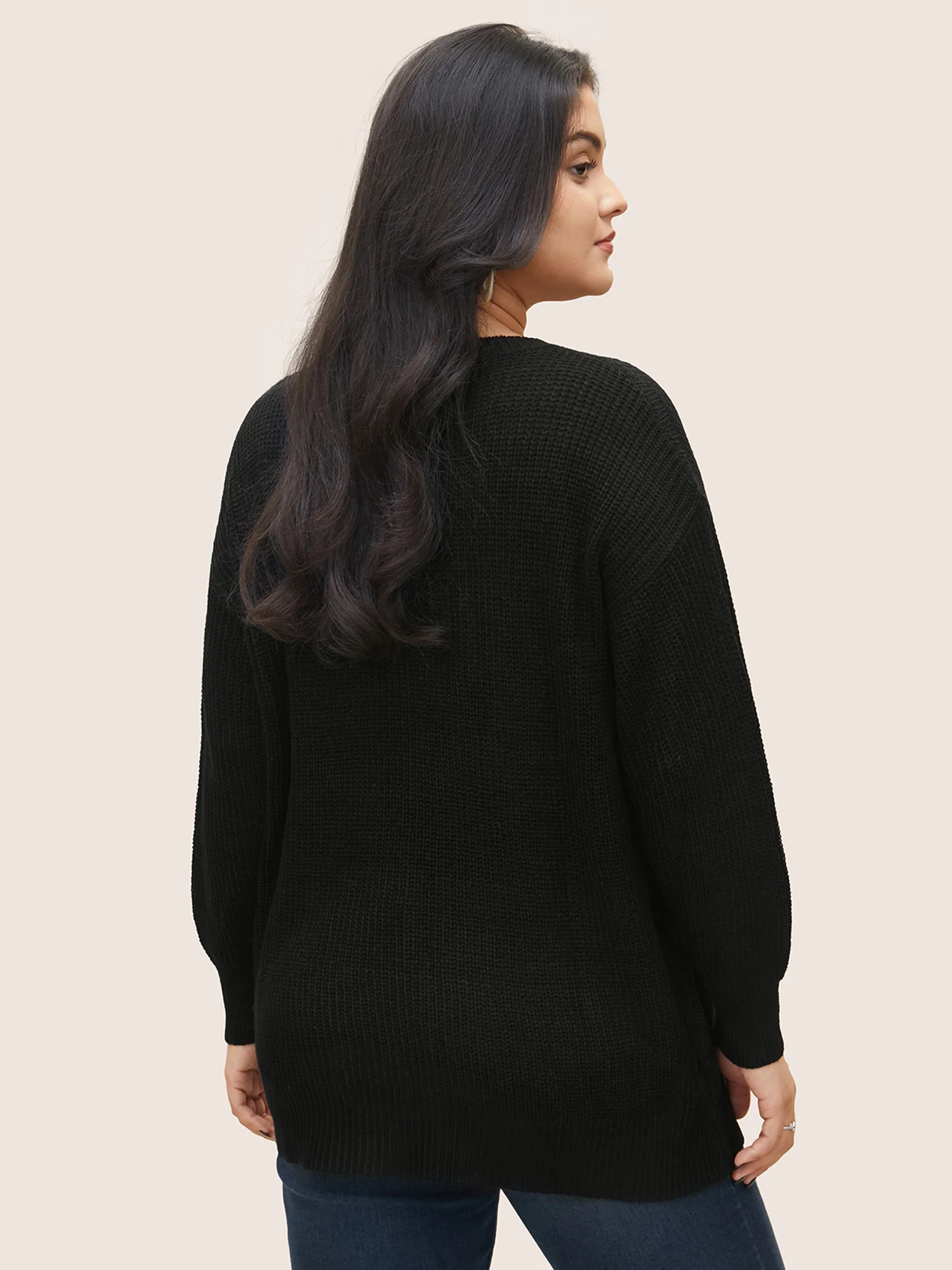 Plain Round Neck Hollow Out Drop Shoulder Pullover - Image 2