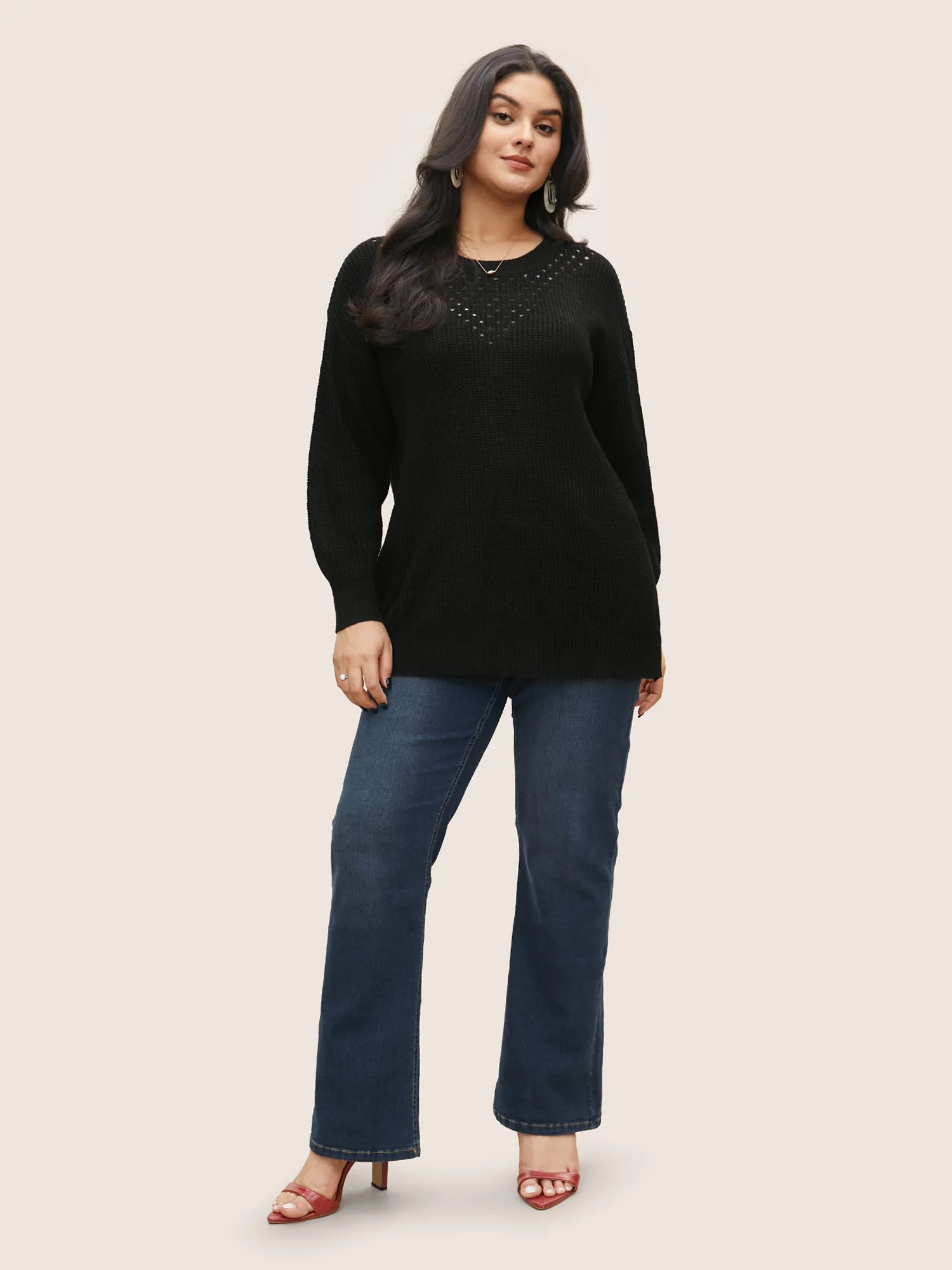 Plain Round Neck Hollow Out Drop Shoulder Pullover - Image 3