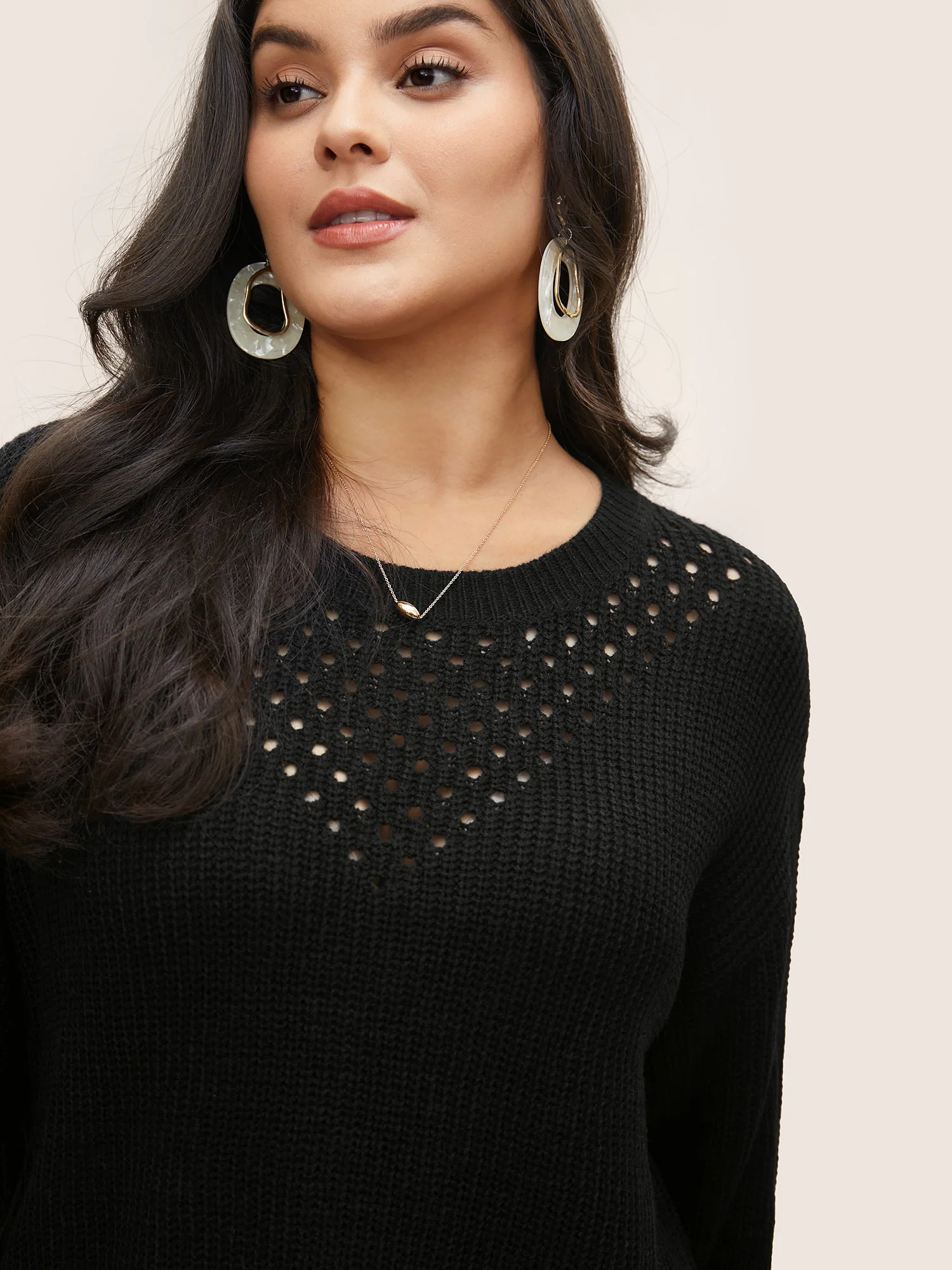 Plain Round Neck Hollow Out Drop Shoulder Pullover - Image 4