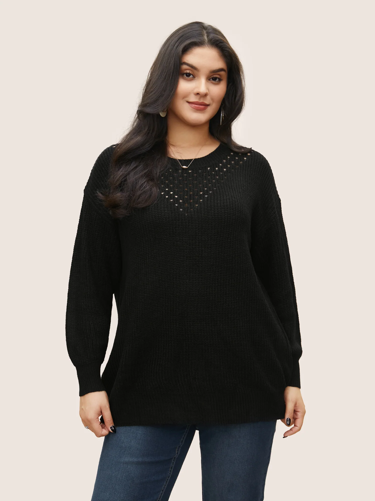 Plain Round Neck Hollow Out Drop Shoulder Pullover - Image 5