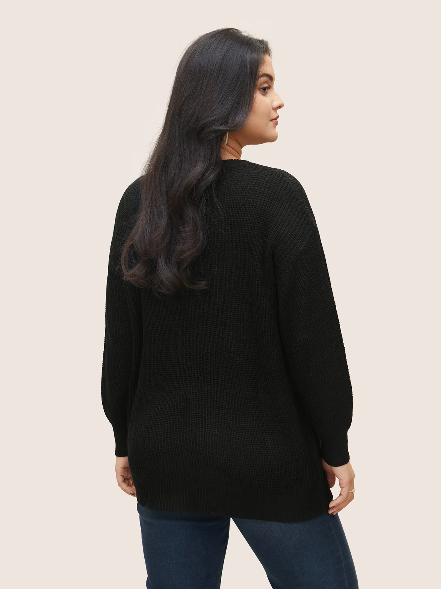 Plain Round Neck Hollow Out Drop Shoulder Pullover - Image 6