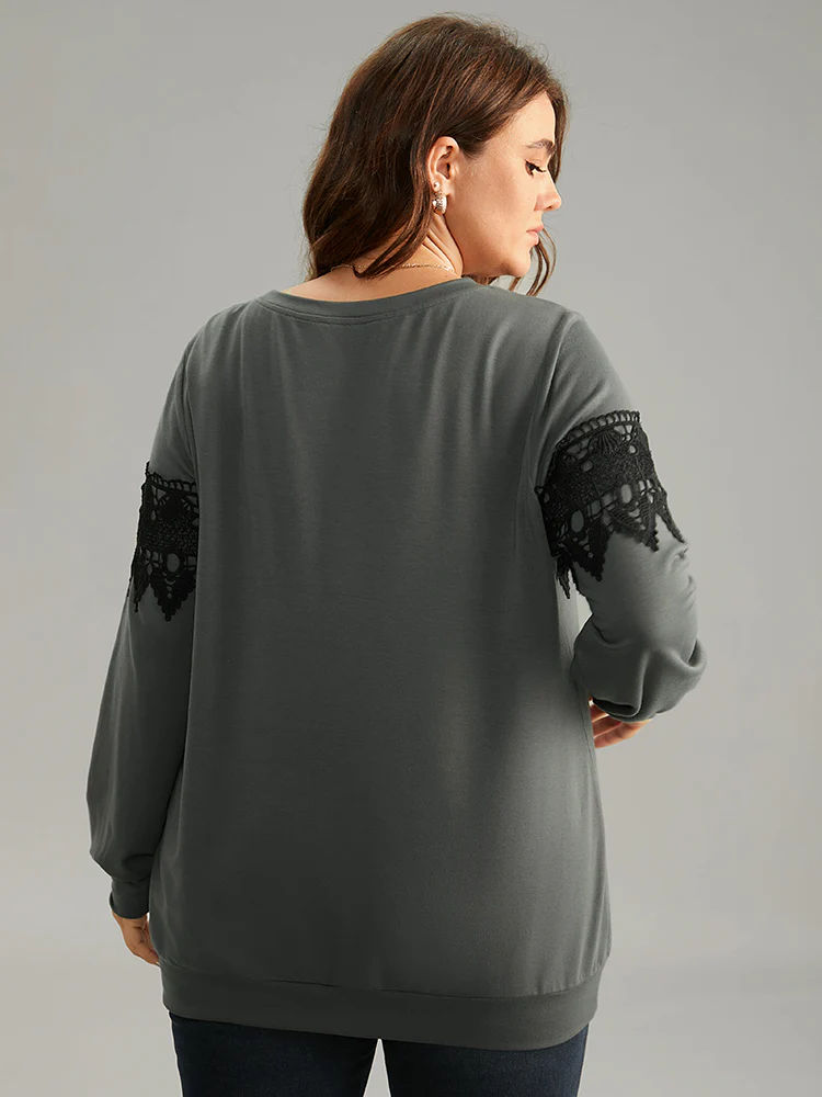 Plain Round Neck Patchwork Lace Panel Sweatshirt - Image 2