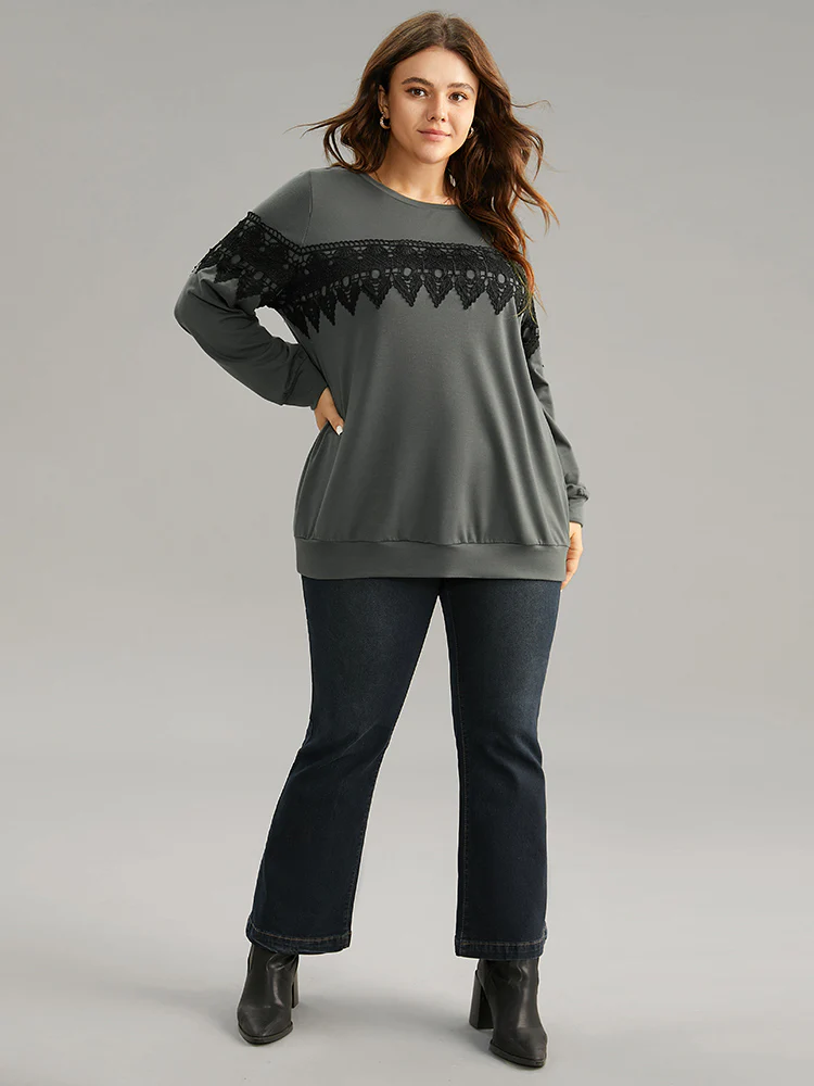 Plain Round Neck Patchwork Lace Panel Sweatshirt - Image 3