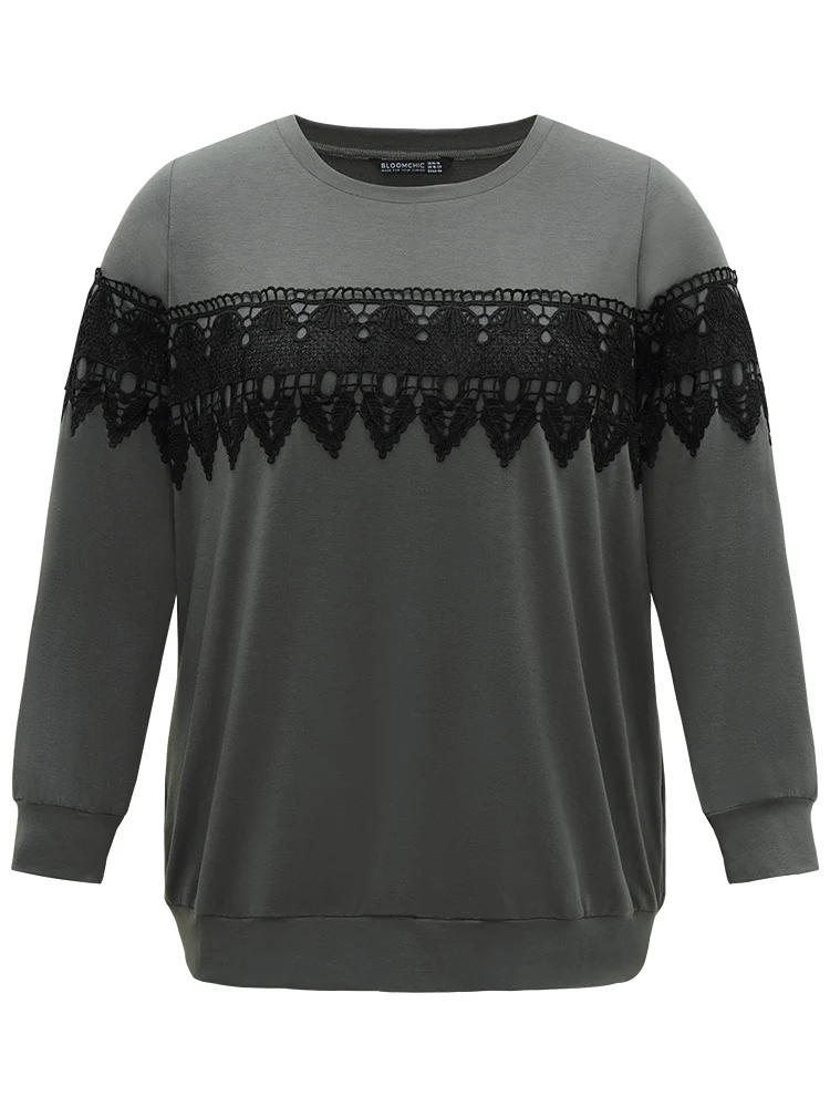 Plain Round Neck Patchwork Lace Panel Sweatshirt - Image 5