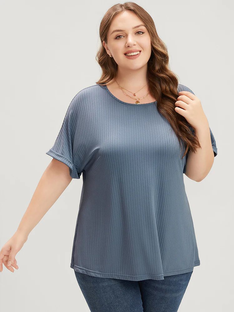 Plain Round Neck Rib Knit Tee - Image 2