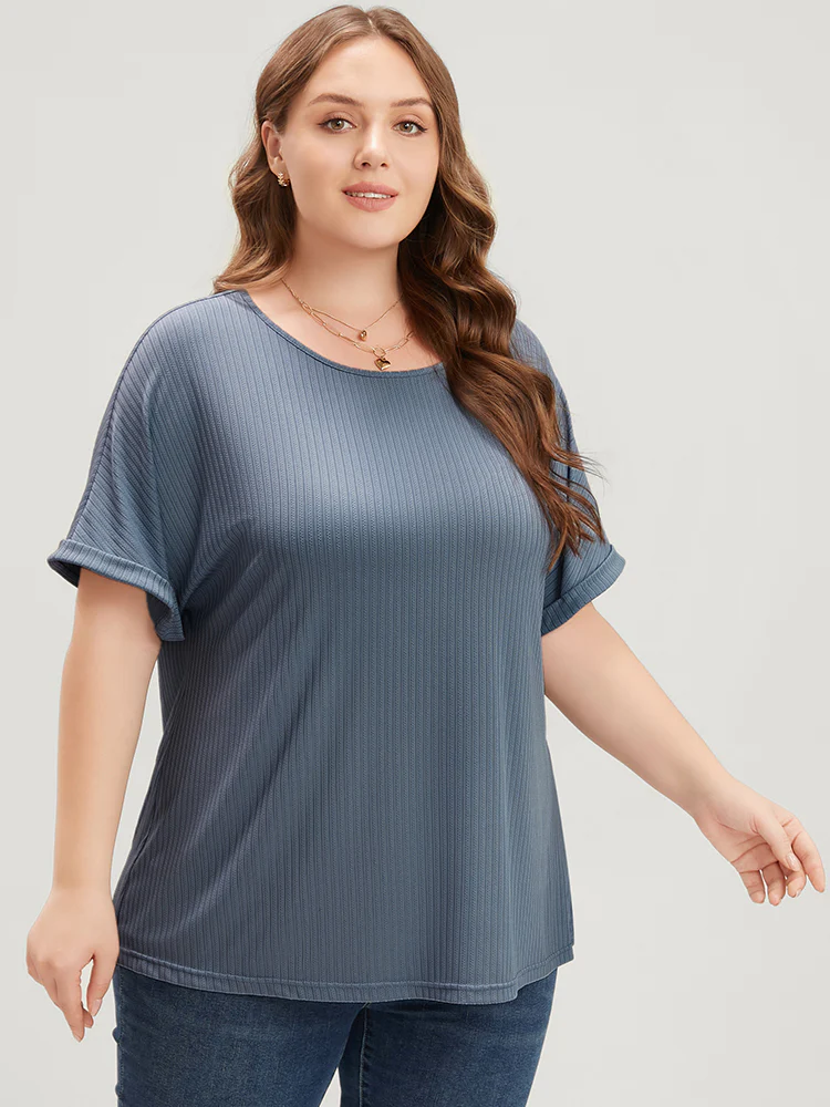 Plain Round Neck Rib Knit Tee - Image 3