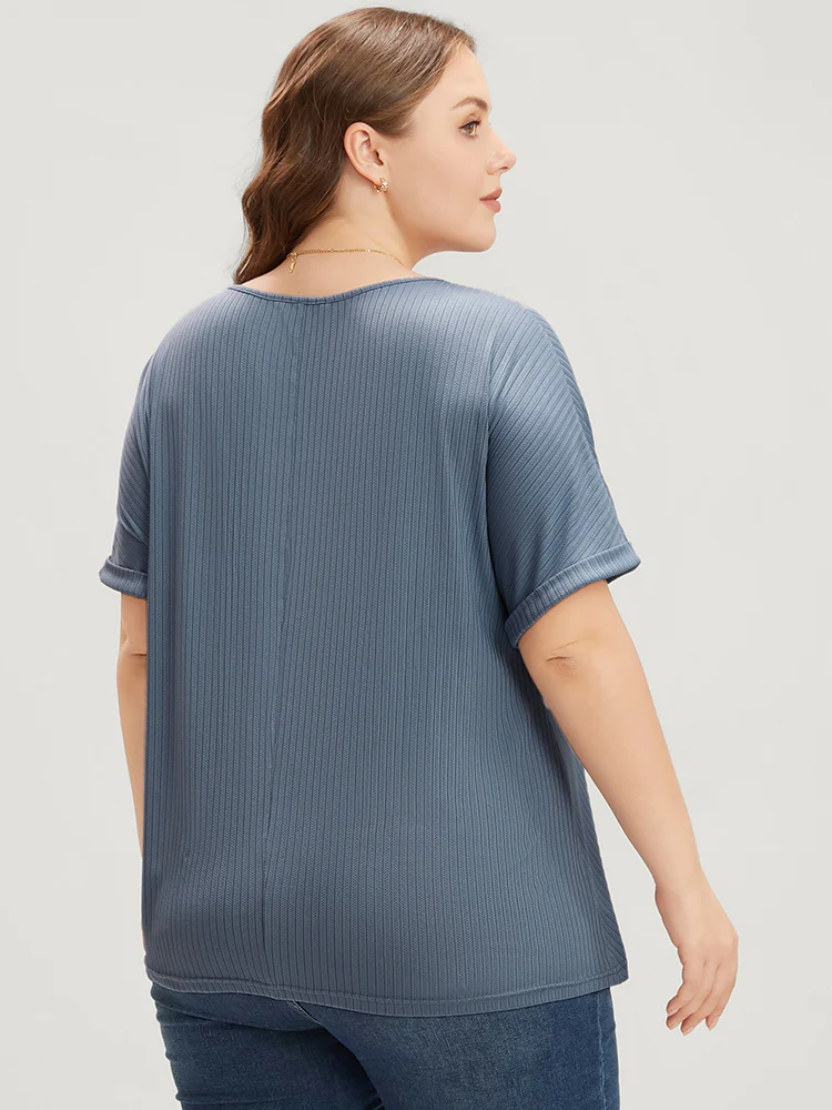 Plain Round Neck Rib Knit Tee - Image 4