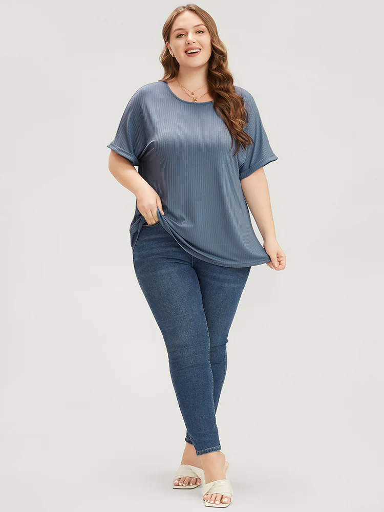 Plain Round Neck Rib Knit Tee - Image 5