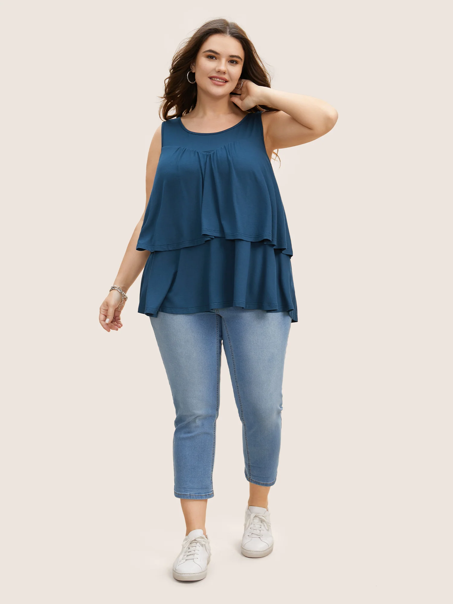 Plain Round Neck Tiered Ruffles Tank Top - Image 4