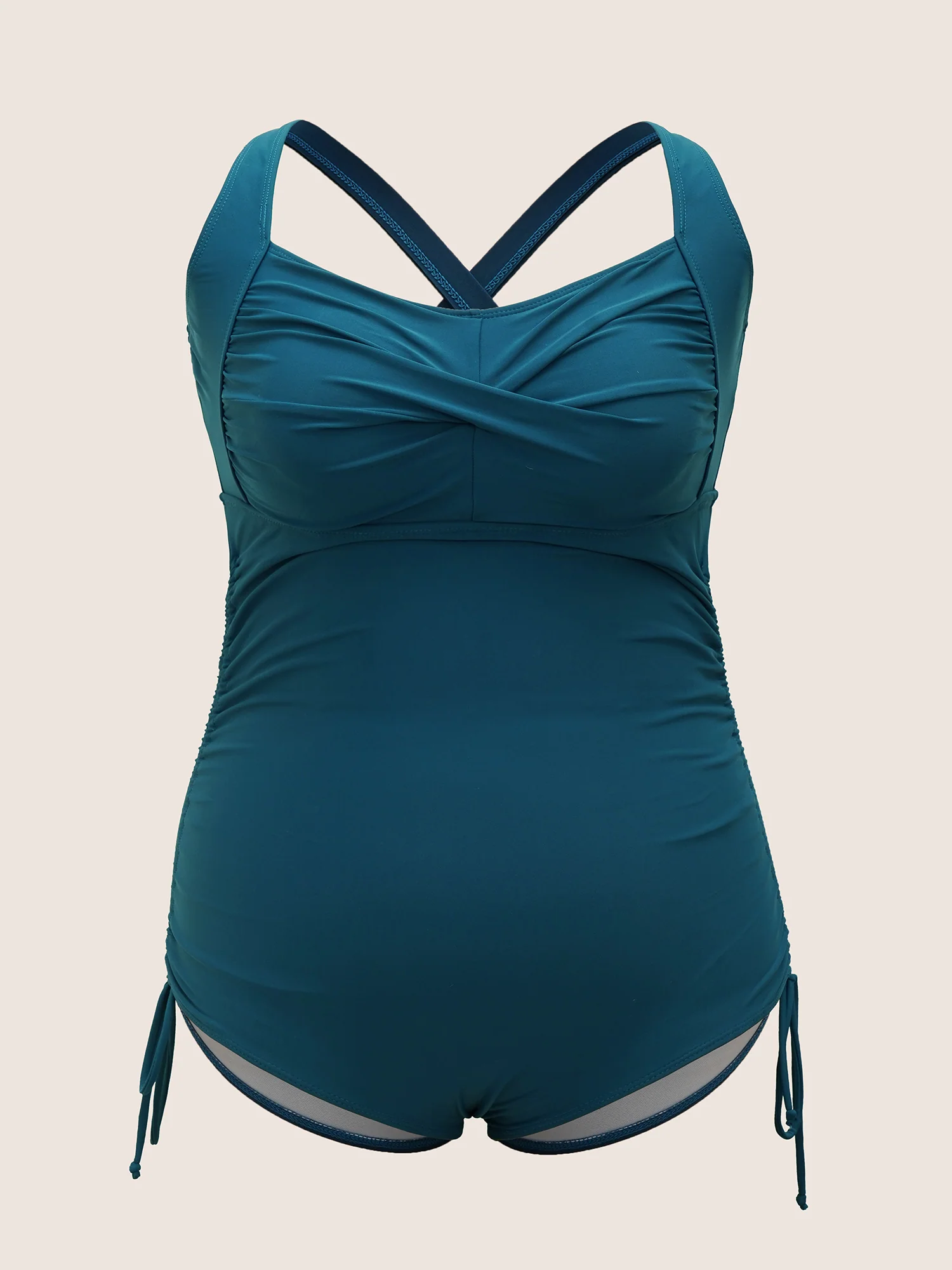 Plain Ruched Crossover Drawstring One Piece Swimsuit - Image 7