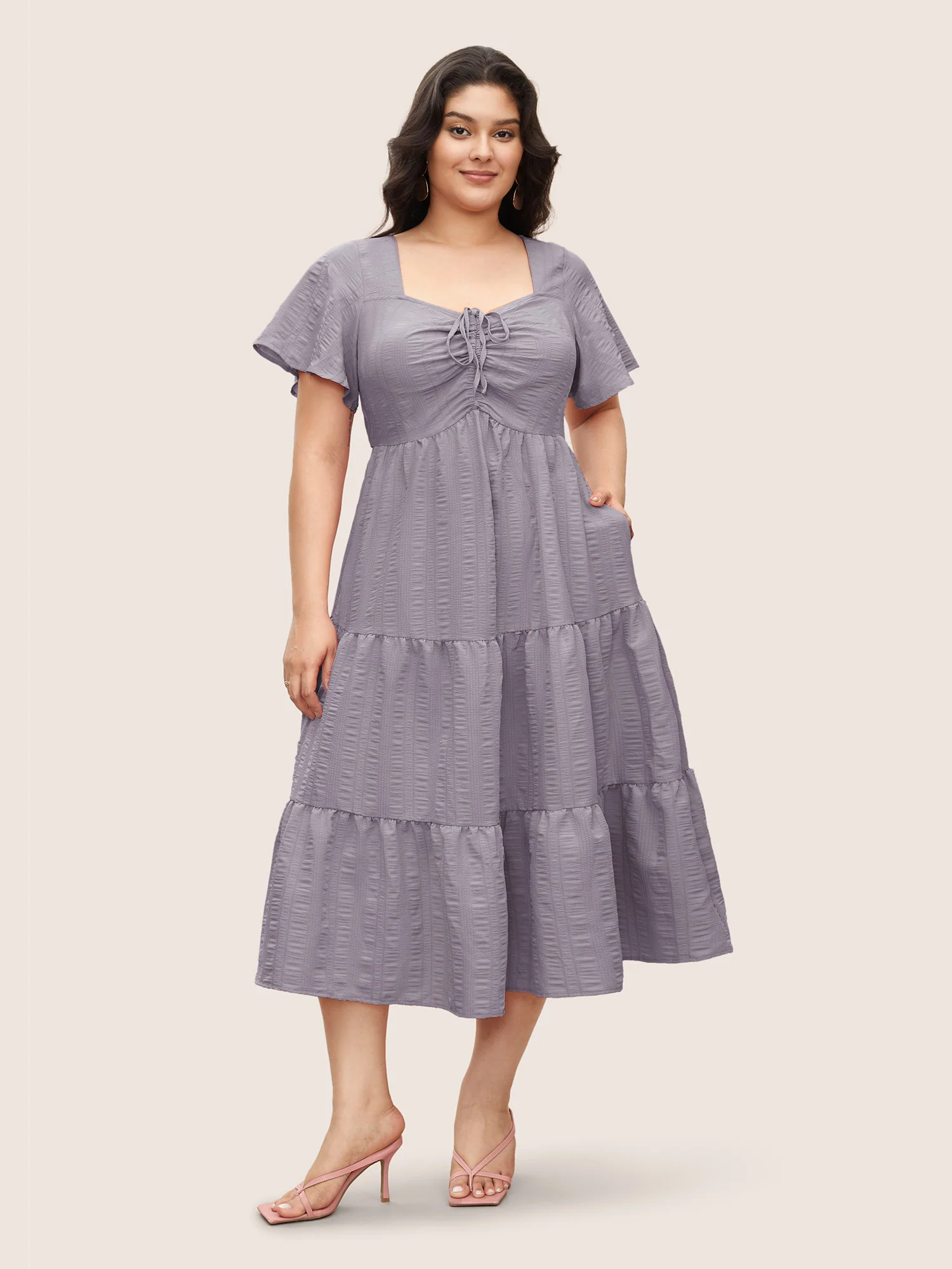 Plain Ruched Drawstring Pocket Ruffle Tiered Dress - Image 11