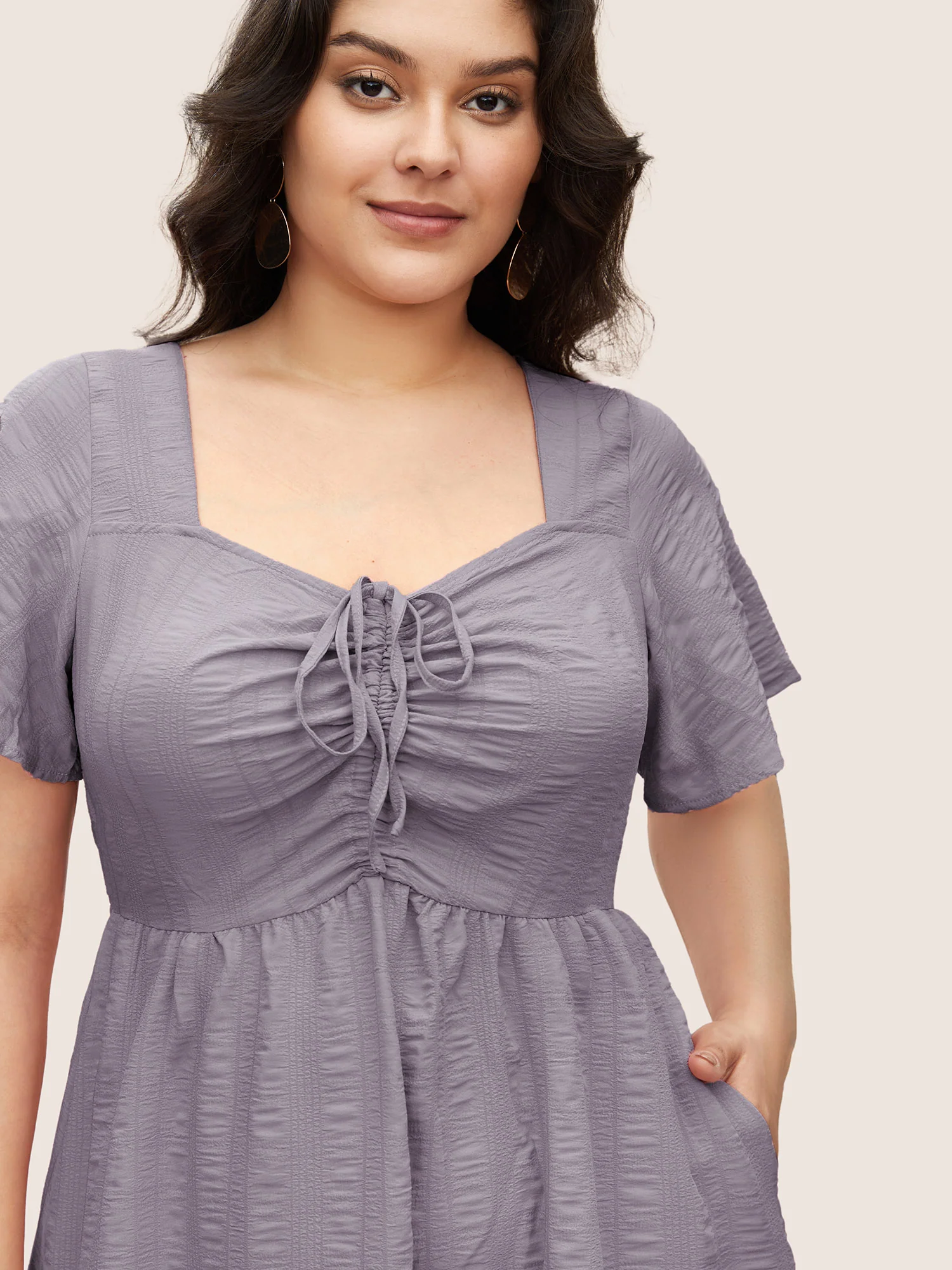 Plain Ruched Drawstring Pocket Ruffle Tiered Dress - Image 12