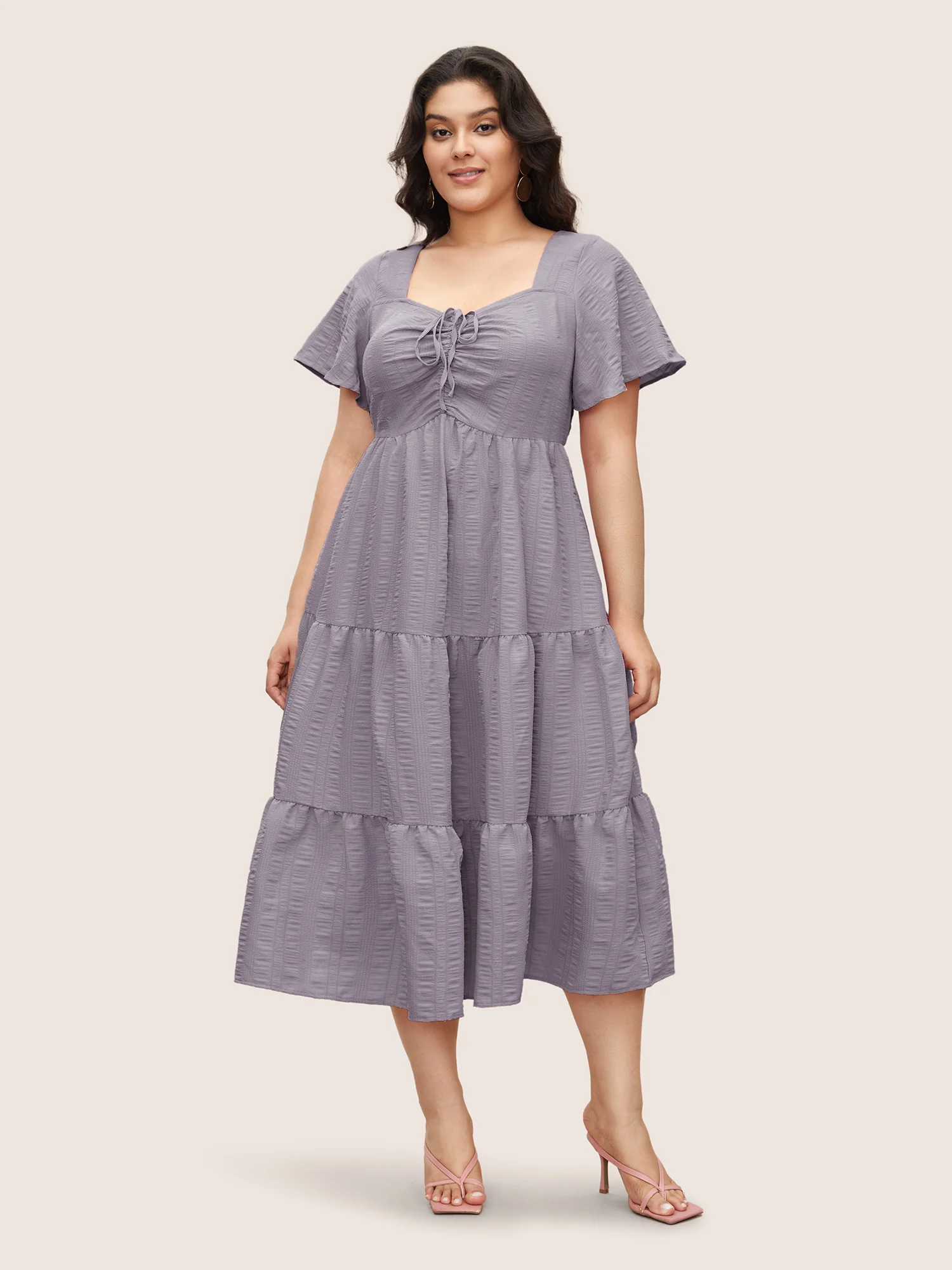 Plain Ruched Drawstring Pocket Ruffle Tiered Dress - Image 13