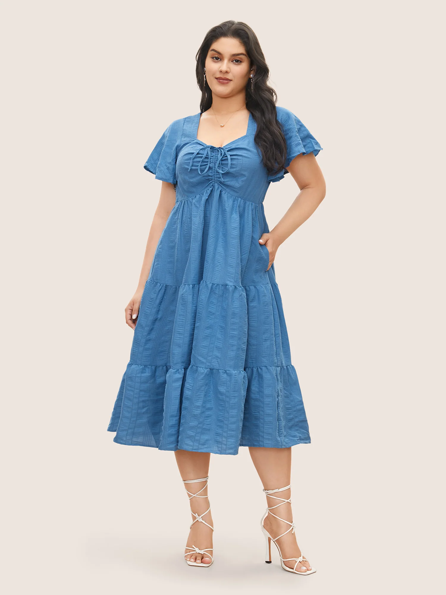 Plain Ruched Drawstring Pocket Ruffle Tiered Dress - Image 3