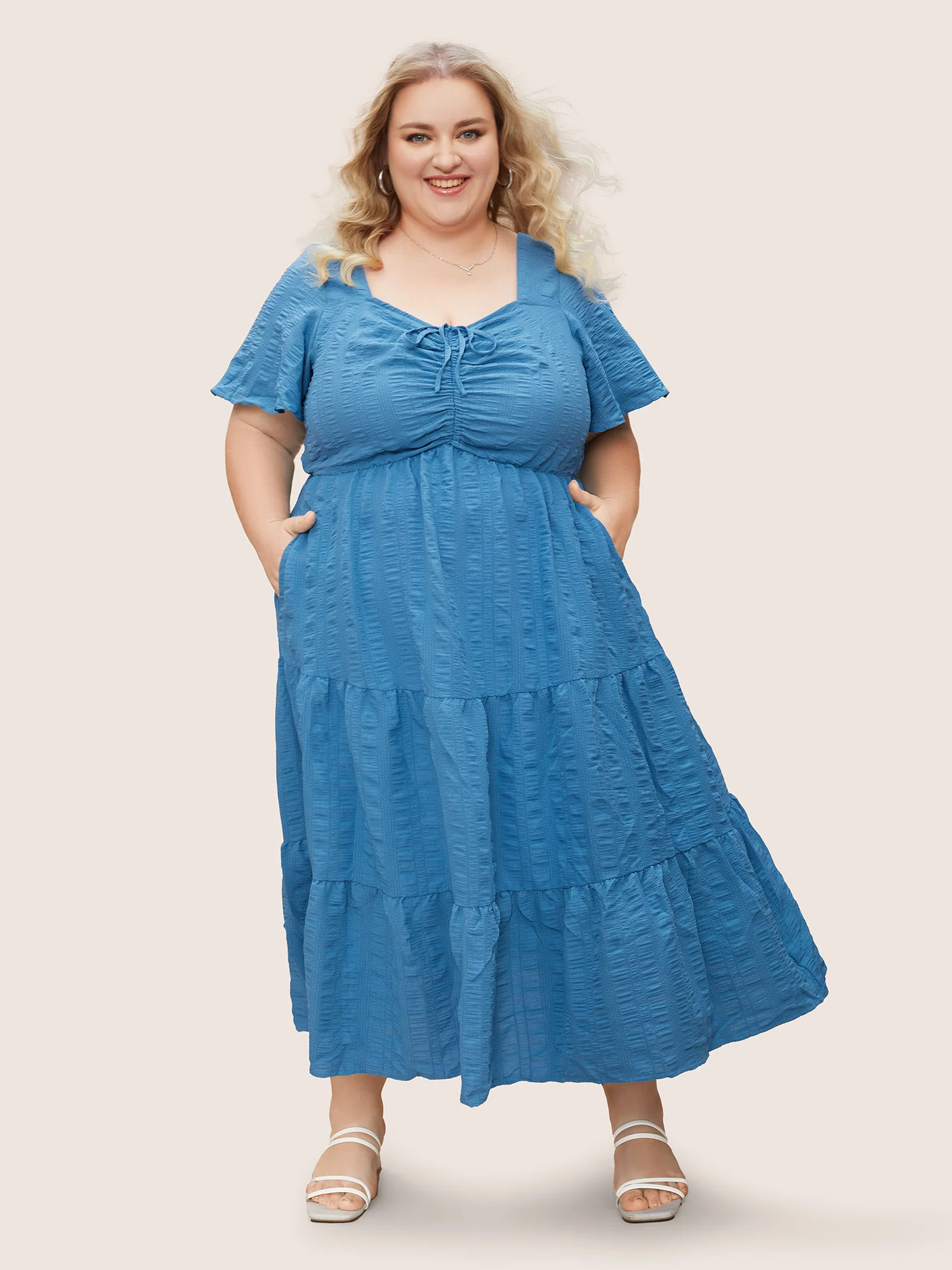 Plain Ruched Drawstring Pocket Ruffle Tiered Dress - Image 5