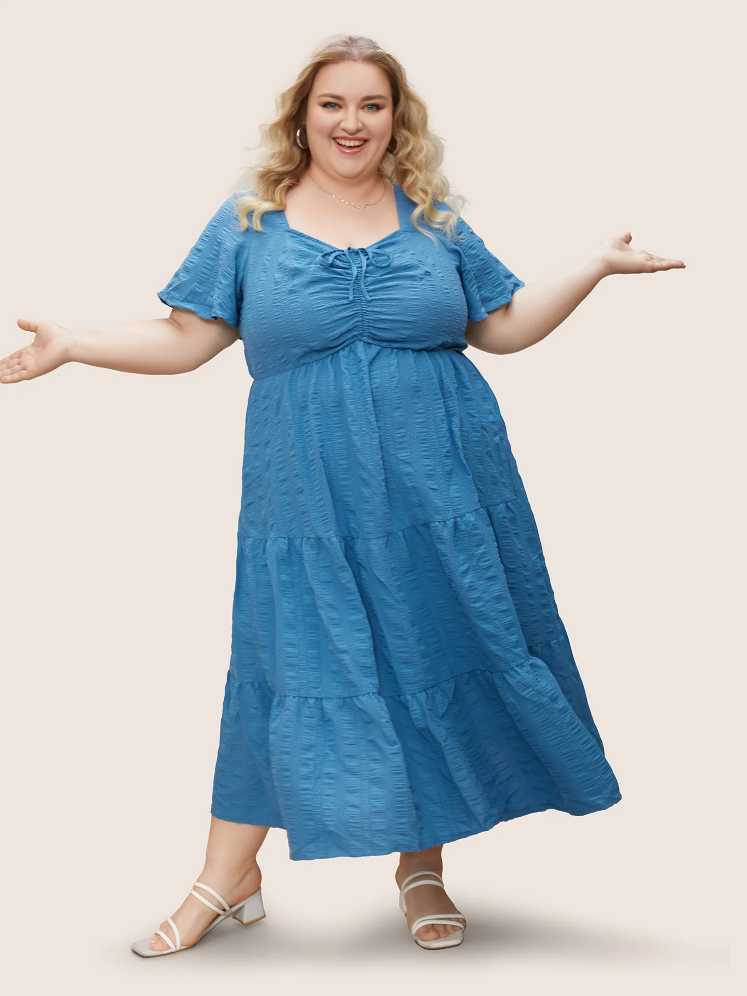 Plain Ruched Drawstring Pocket Ruffle Tiered Dress - Image 6