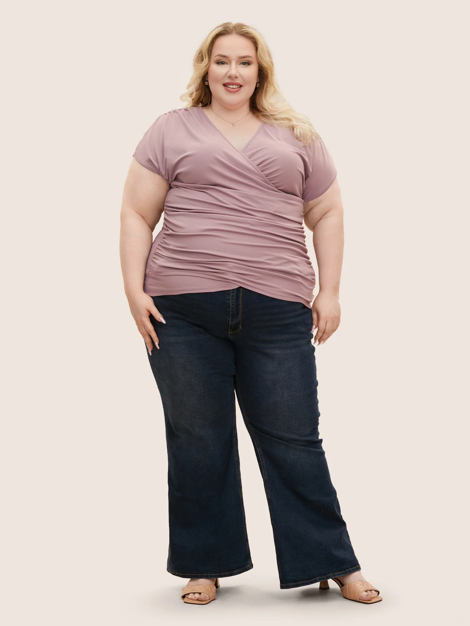 Plain Ruched Overlap Collar Dolman Sleeve Knit Top - Image 10