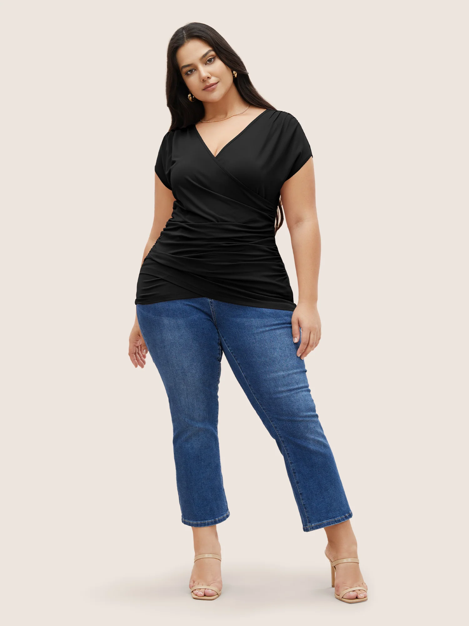 Plain Ruched Overlap Collar Dolman Sleeve Knit Top - Image 2