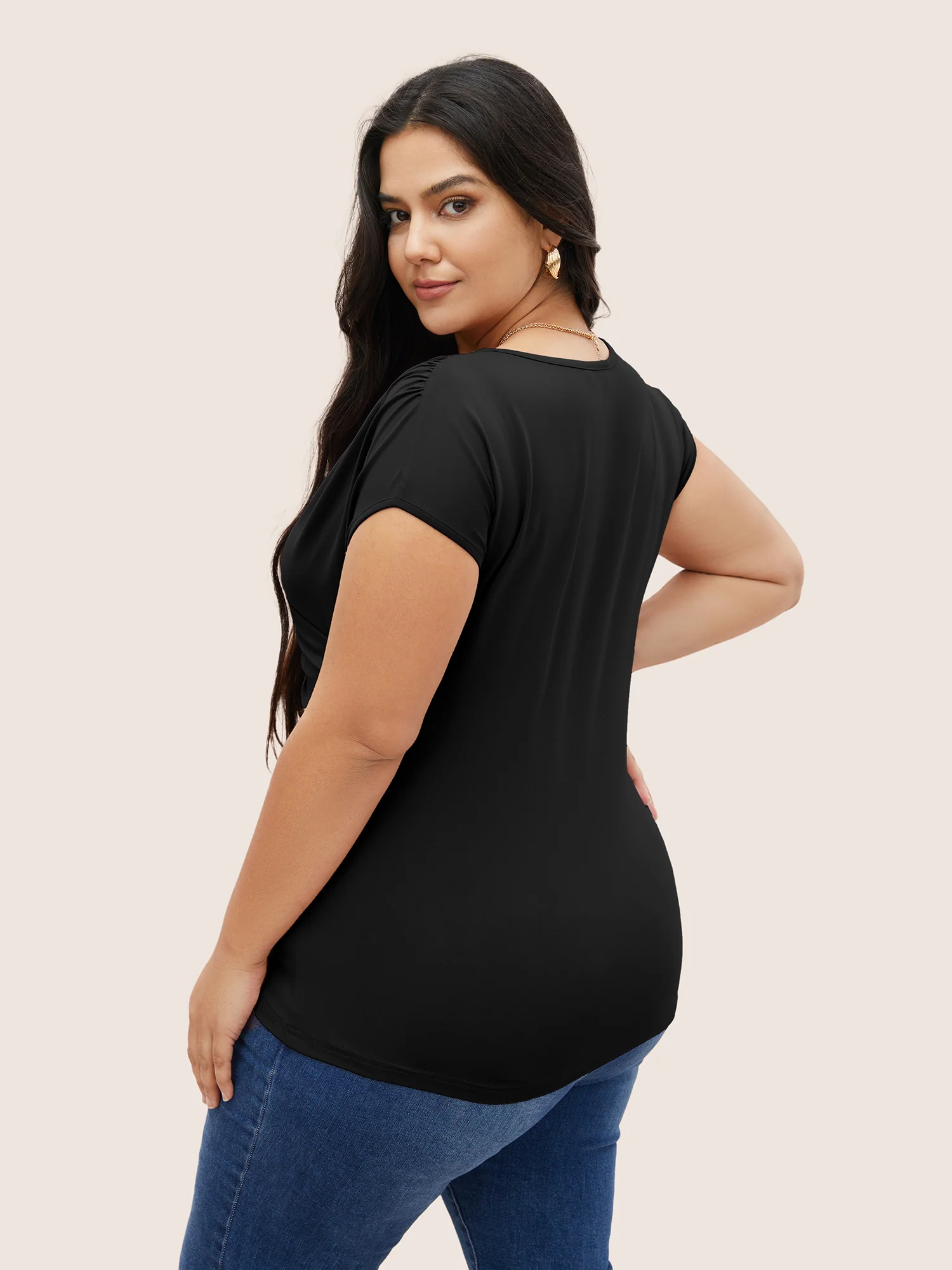 Plain Ruched Overlap Collar Dolman Sleeve Knit Top - Image 3