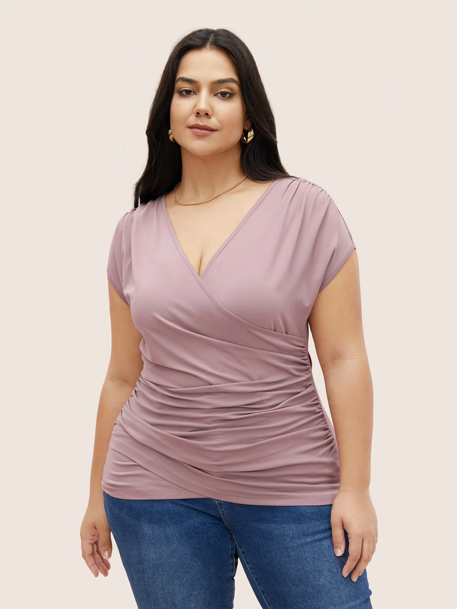 Plain Ruched Overlap Collar Dolman Sleeve Knit Top - Image 5