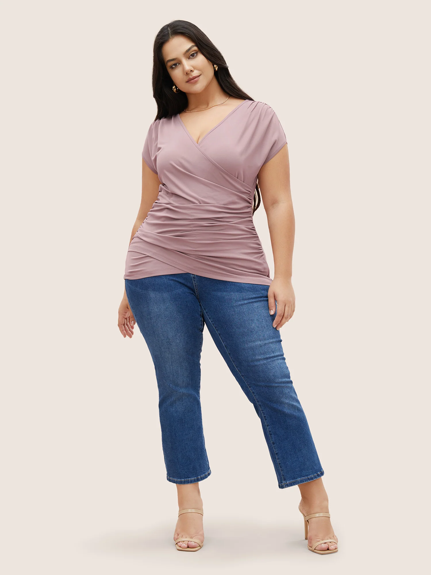 Plain Ruched Overlap Collar Dolman Sleeve Knit Top - Image 6