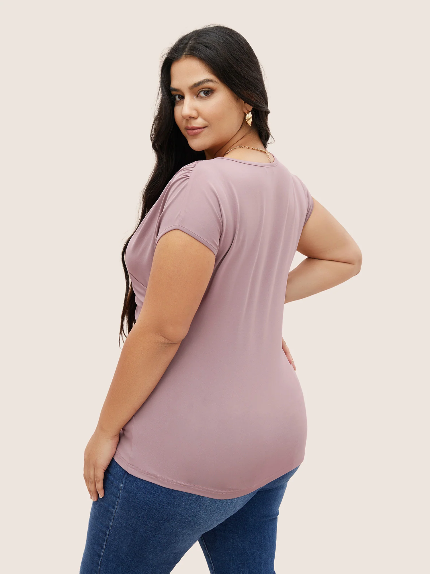 Plain Ruched Overlap Collar Dolman Sleeve Knit Top - Image 7