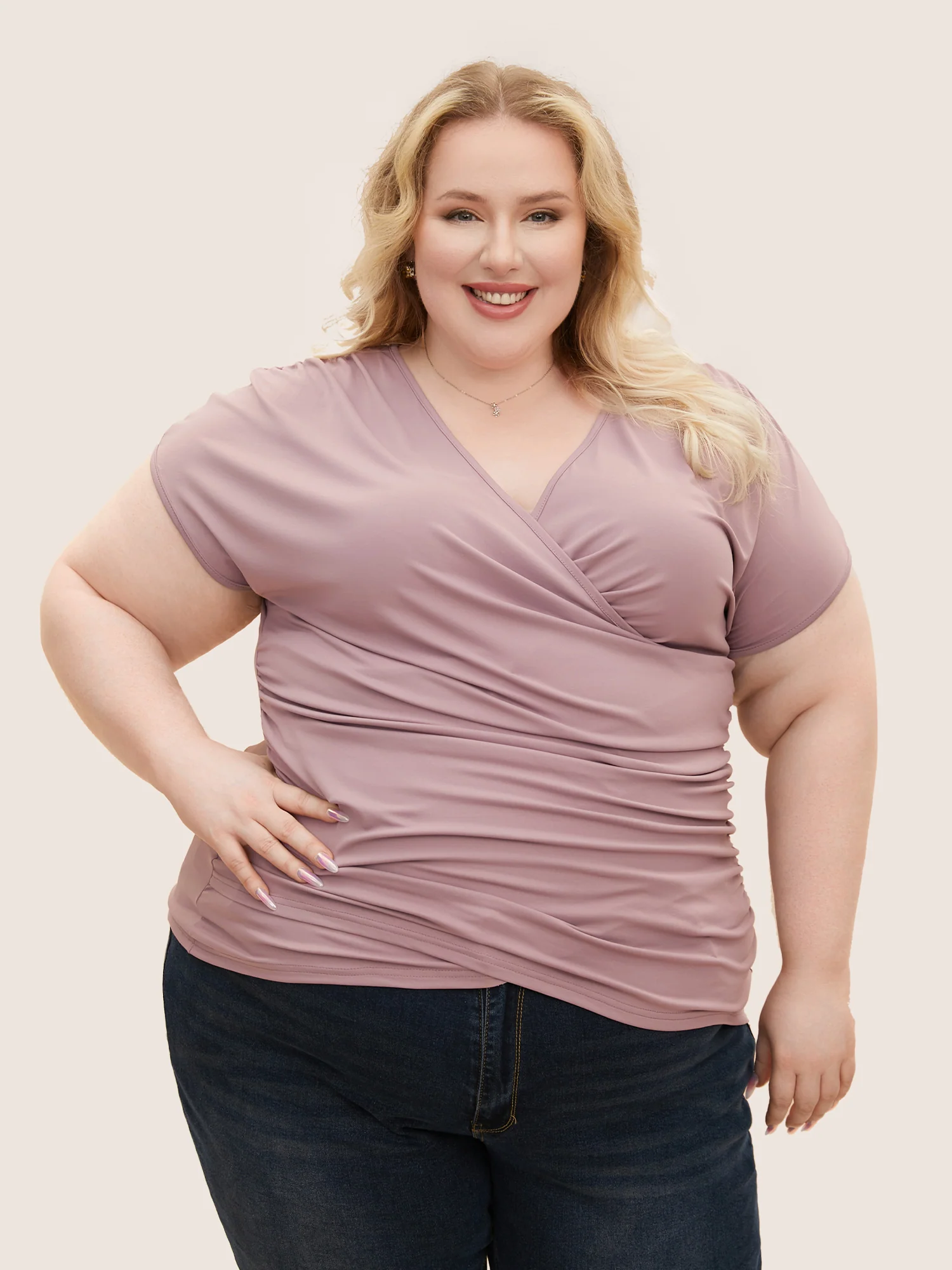 Plain Ruched Overlap Collar Dolman Sleeve Knit Top - Image 9