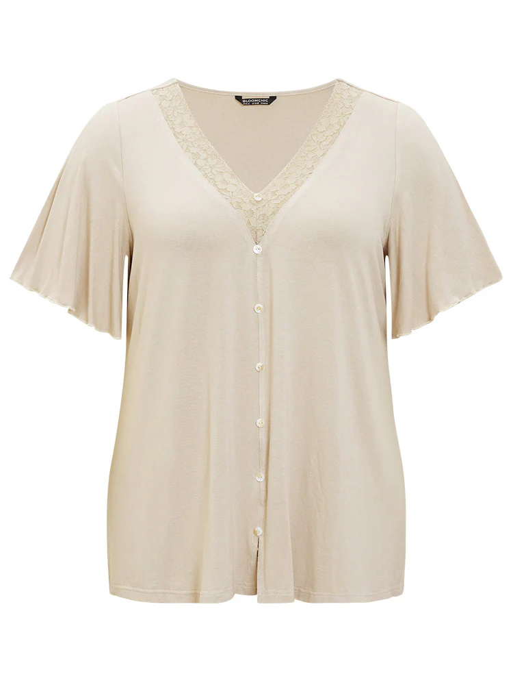Plain Ruffle Sleeve Button Detail Lace Trim T-shirt - Image 10