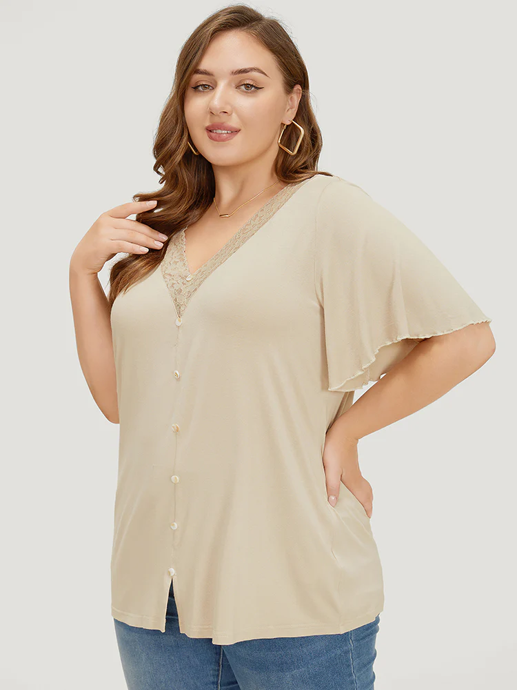 Plain Ruffle Sleeve Button Detail Lace Trim T-shirt - Image 2