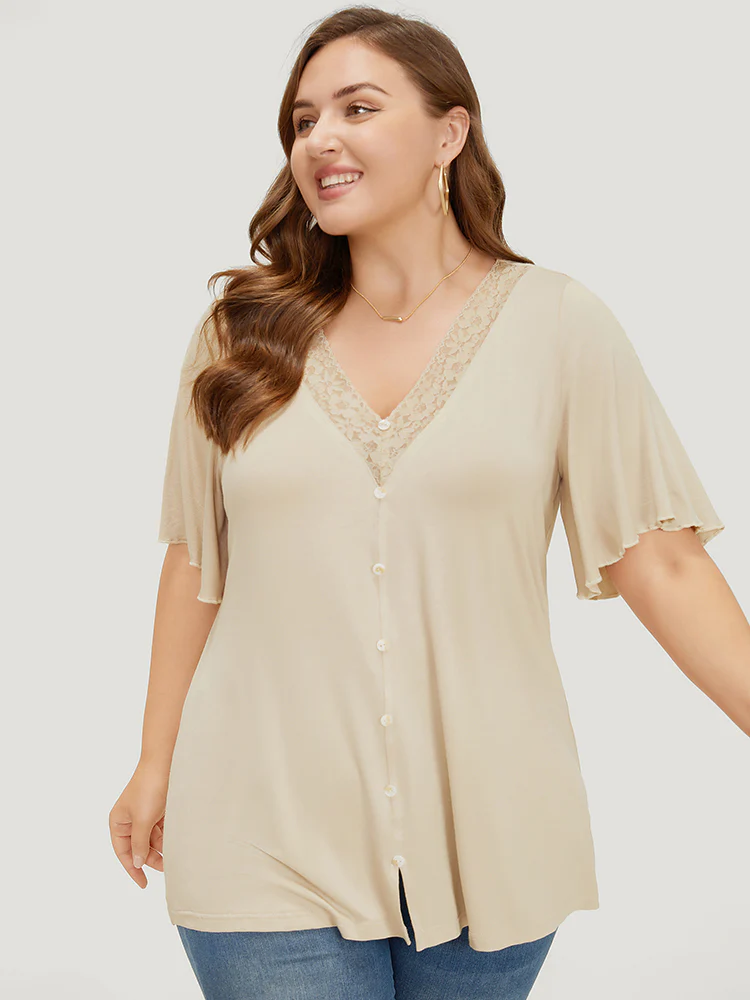 Plain Ruffle Sleeve Button Detail Lace Trim T-shirt - Image 3