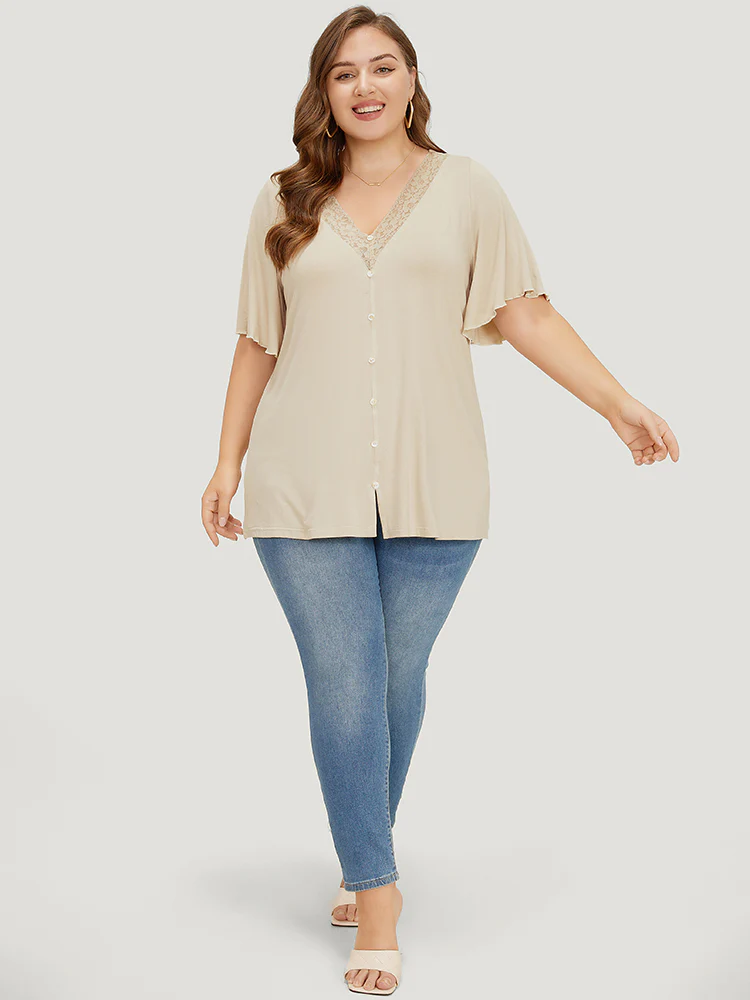 Plain Ruffle Sleeve Button Detail Lace Trim T-shirt - Image 4