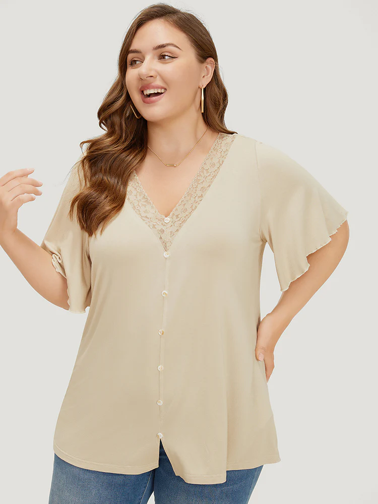 Plain Ruffle Sleeve Button Detail Lace Trim T-shirt - Image 5