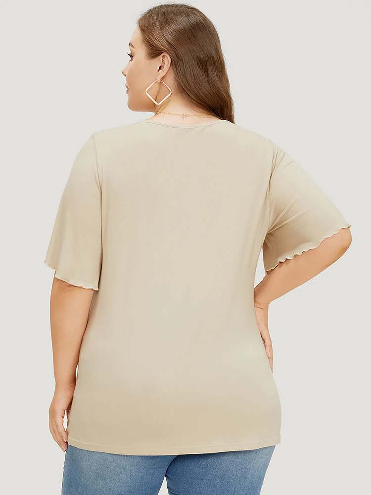Plain Ruffle Sleeve Button Detail Lace Trim T-shirt - Image 6