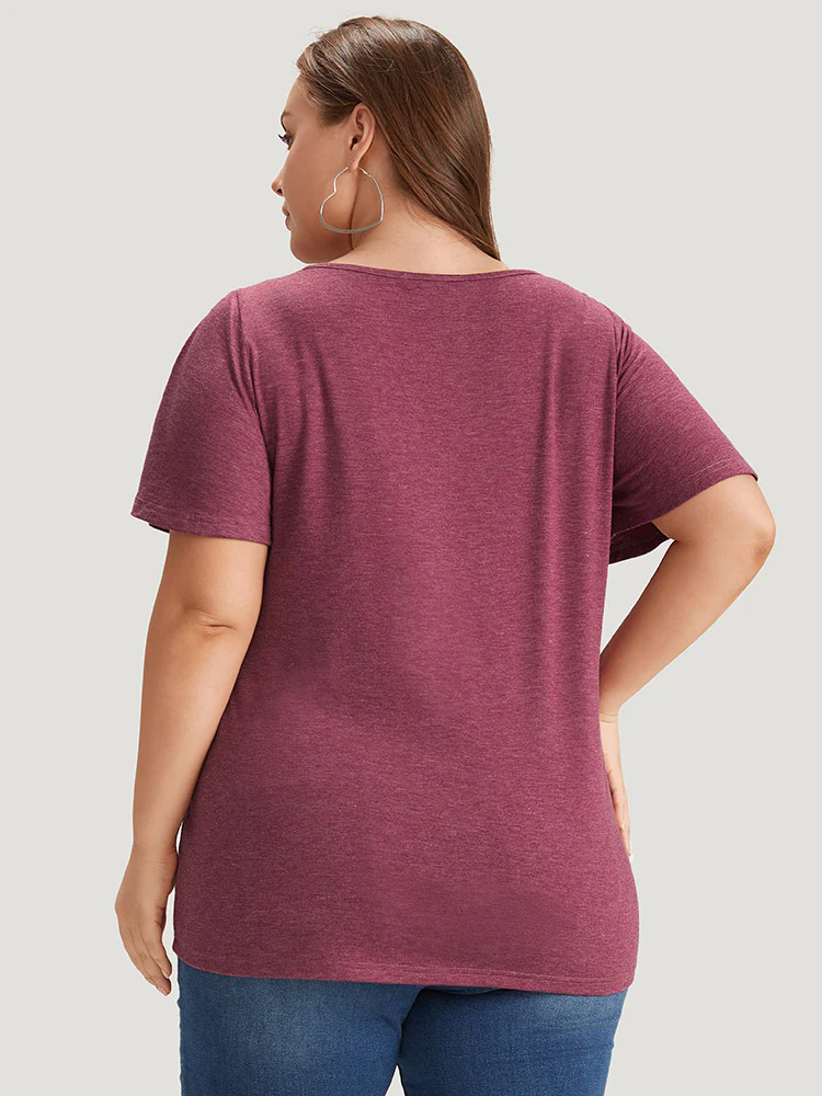 Plain Ruffle Sleeve Heather Crisscross Neck T-shirt - Image 2