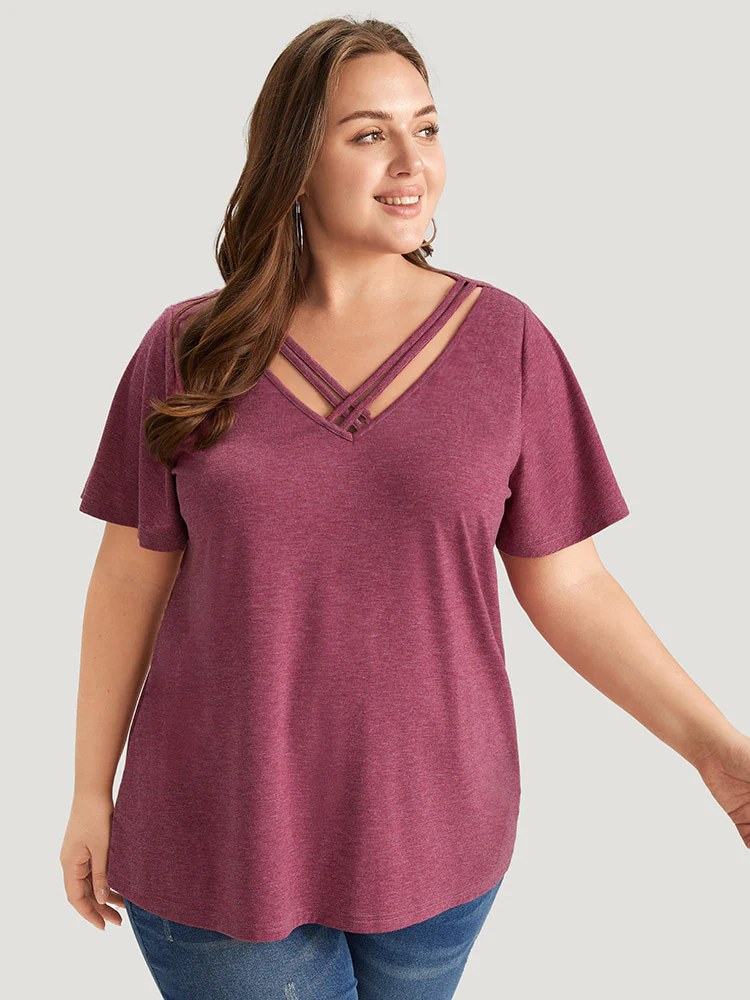 Plain Ruffle Sleeve Heather Crisscross Neck T-shirt - Image 3