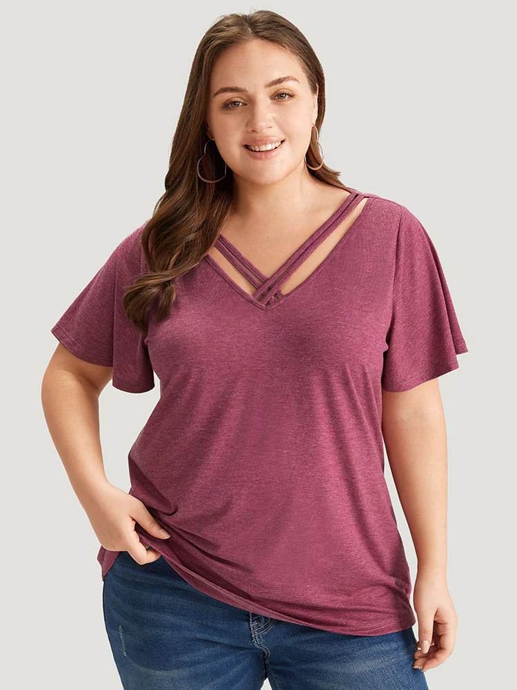 Plain Ruffle Sleeve Heather Crisscross Neck T-shirt - Image 4