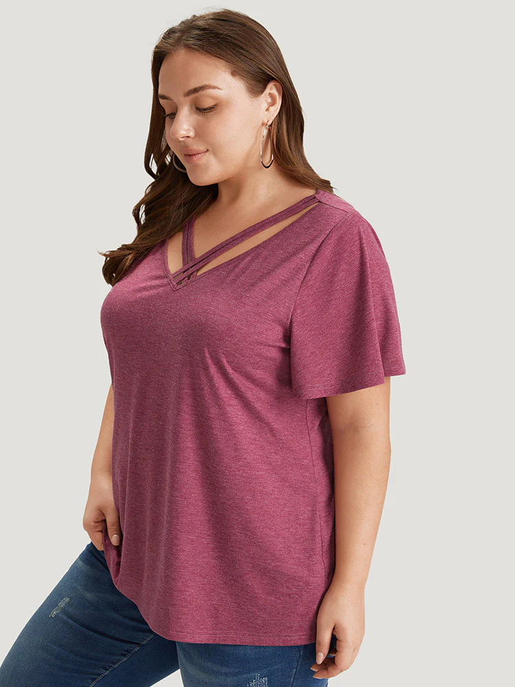Plain Ruffle Sleeve Heather Crisscross Neck T-shirt - Image 5