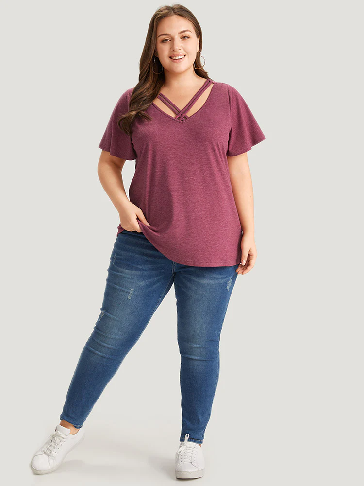 Plain Ruffle Sleeve Heather Crisscross Neck T-shirt - Image 6