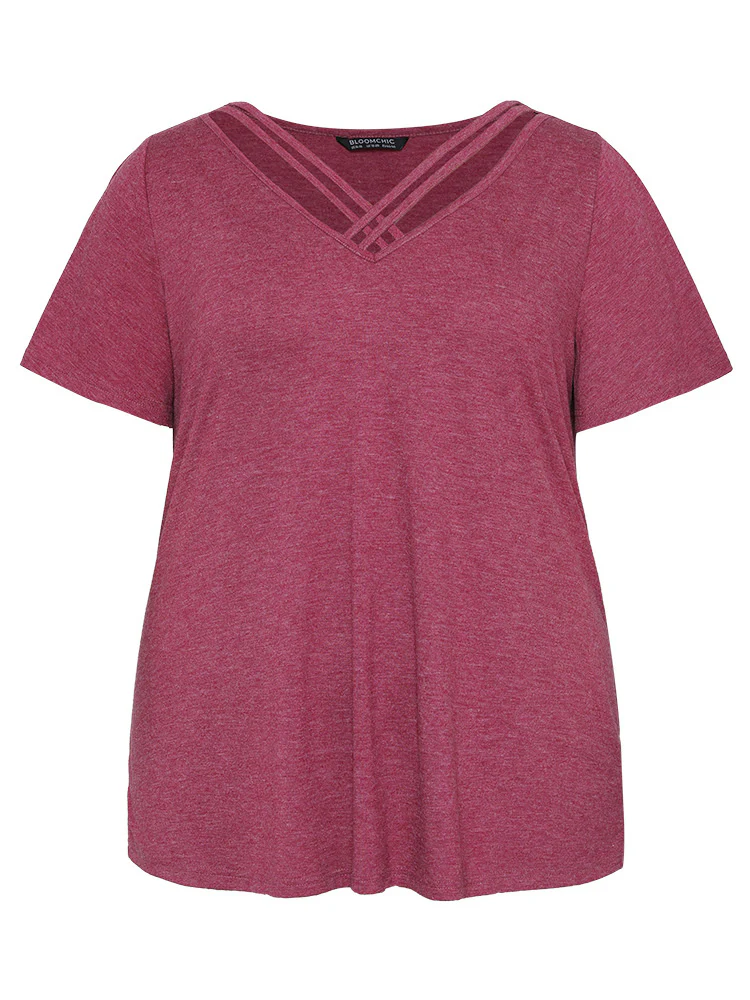 Plain Ruffle Sleeve Heather Crisscross Neck T-shirt - Image 7