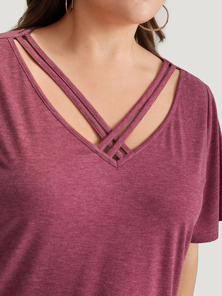 Plain Ruffle Sleeve Heather Crisscross Neck T-shirt - Image 8