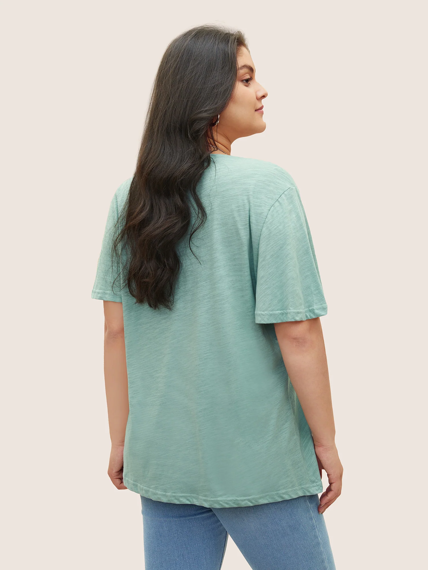 Plain Ruffle Sleeve Heather V Neck T-shirt - Image 2