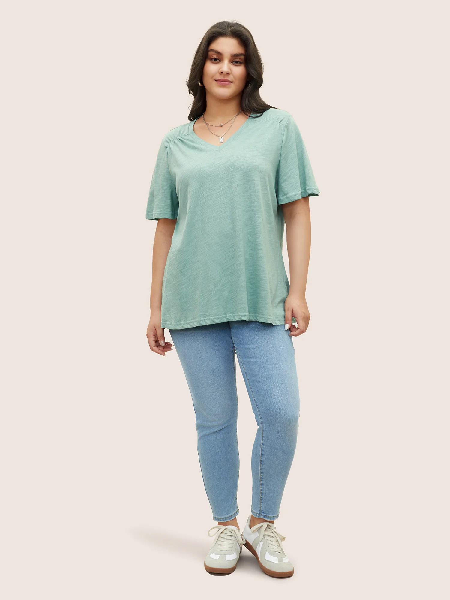 Plain Ruffle Sleeve Heather V Neck T-shirt - Image 3