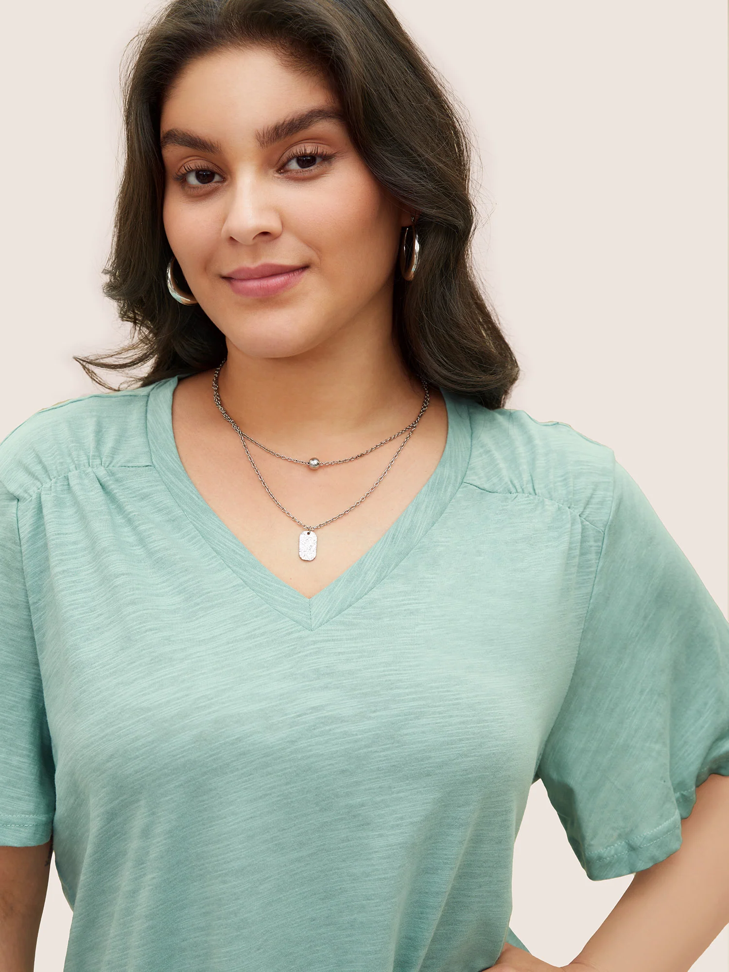 Plain Ruffle Sleeve Heather V Neck T-shirt - Image 4