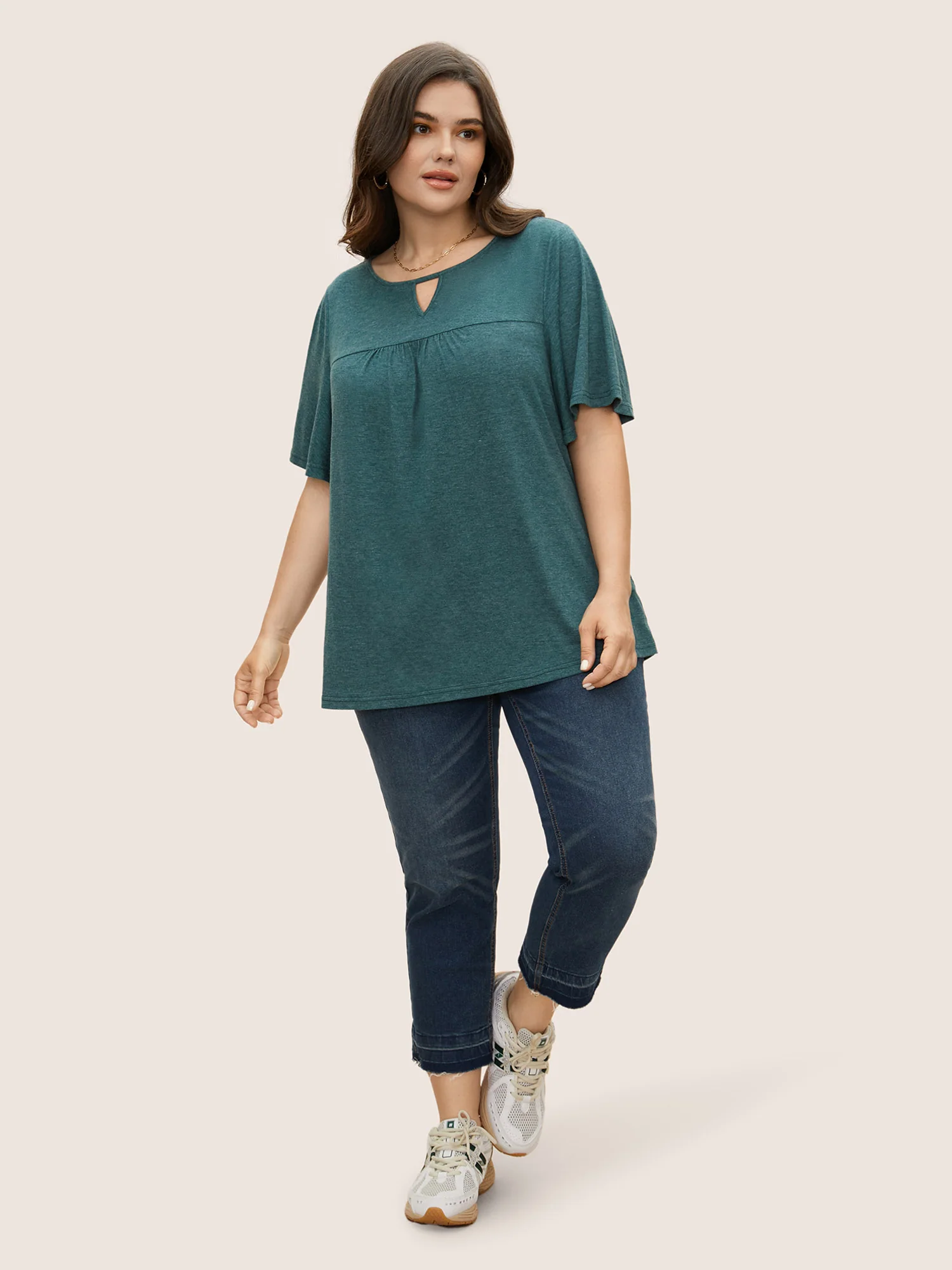 Plain Ruffle Sleeve Keyhole Gathered Crew Neck T-shirt - Image 10